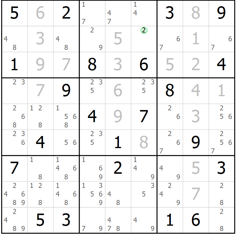 Position des candidats pour la solution de la Gr 6 page 9 du magazine de sudoku Virtuose n° 123