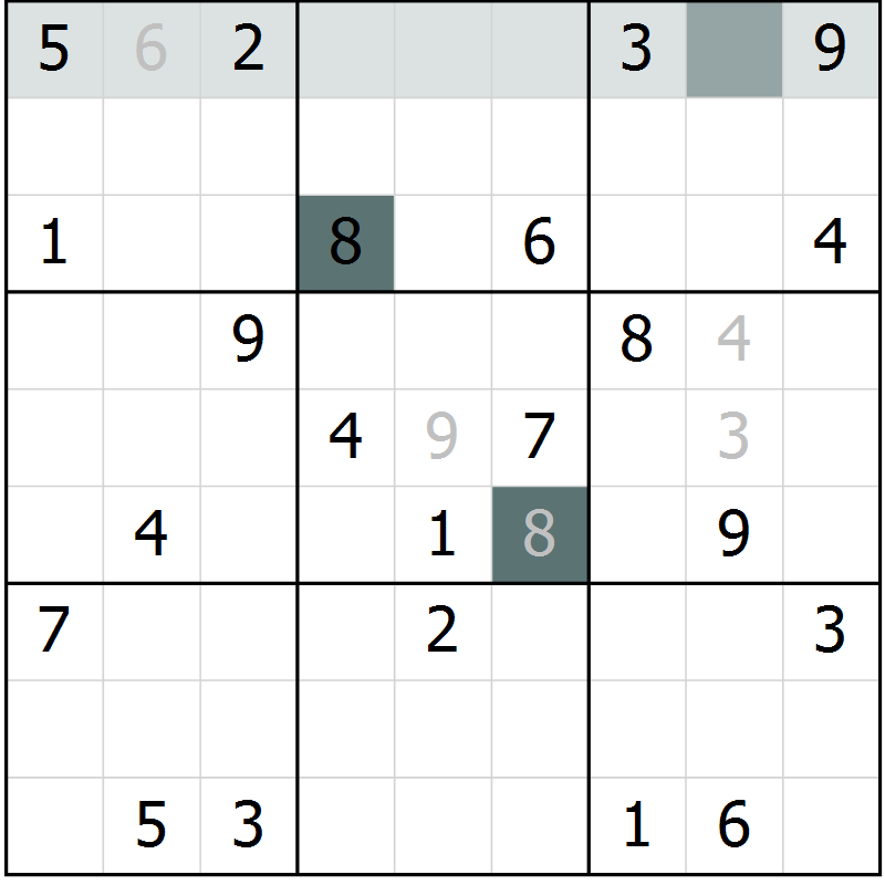 Position des candidats pour la solution de la Gr 6 page 9 du magazine de sudoku Virtuose n° 123