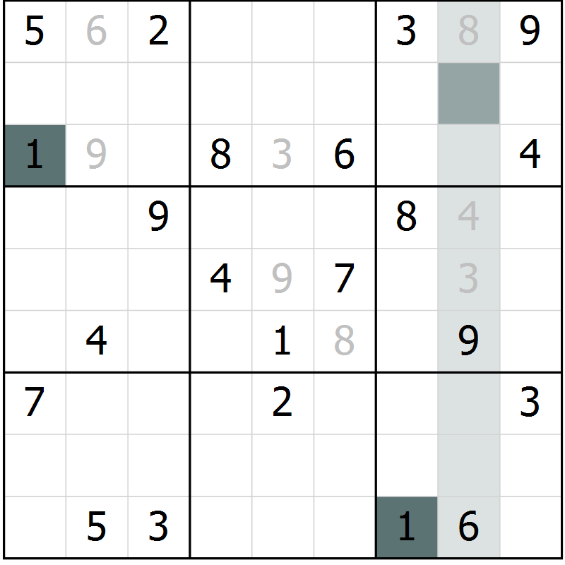 Position des candidats pour la solution de la Gr 6 page 9 du magazine de sudoku Virtuose n° 123