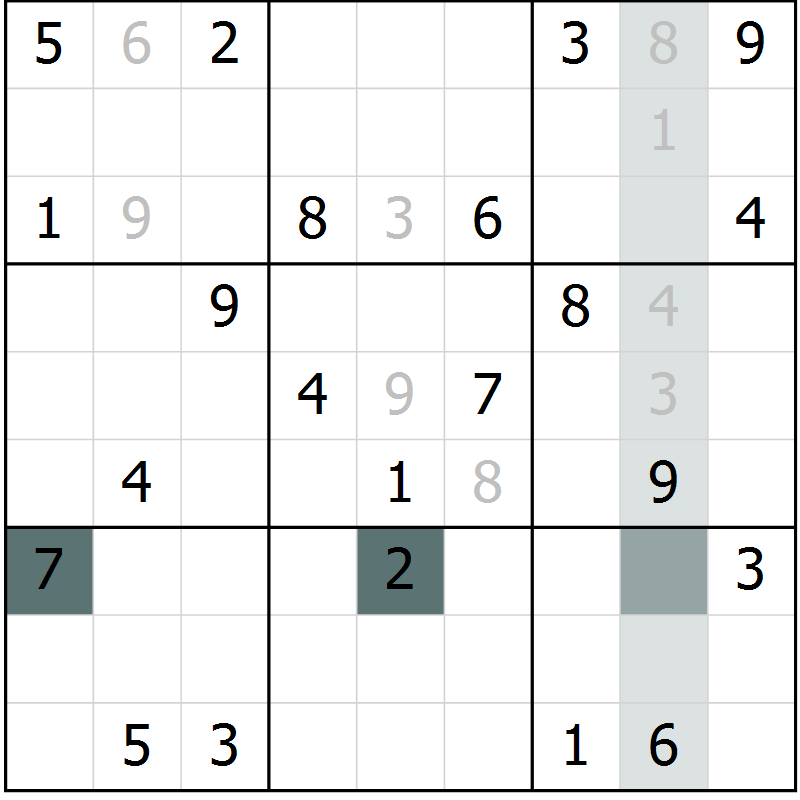 Position des candidats pour la solution de la Gr 6 page 9 du magazine de sudoku Virtuose n° 123