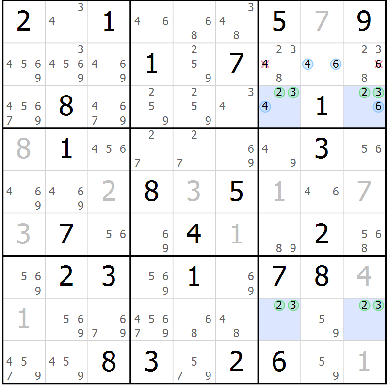 Position des candidats pour la solution de la Gr 60 page 63 du magazine de sudoku Virtuose n° 123