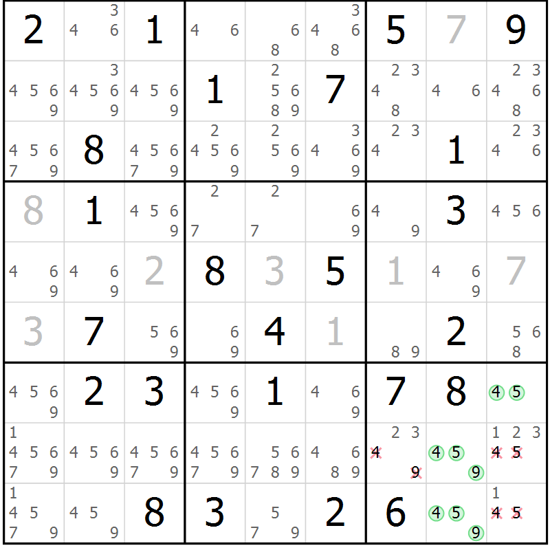 Position des candidats pour la solution de la Gr 60 page 63 du magazine de sudoku Virtuose n° 123