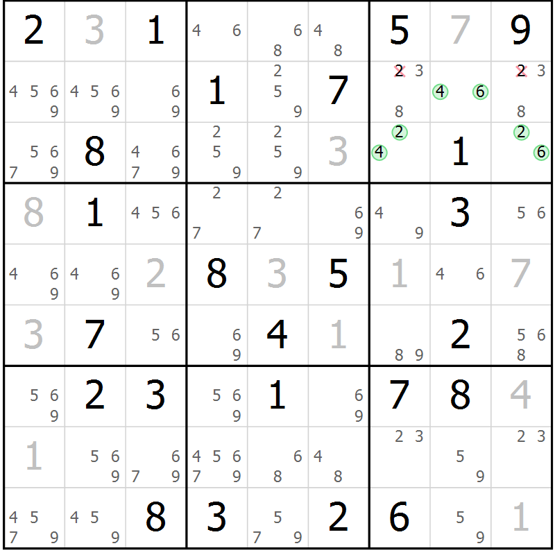 Position des candidats pour la solution de la Gr 60 page 63 du magazine de sudoku Virtuose n° 123