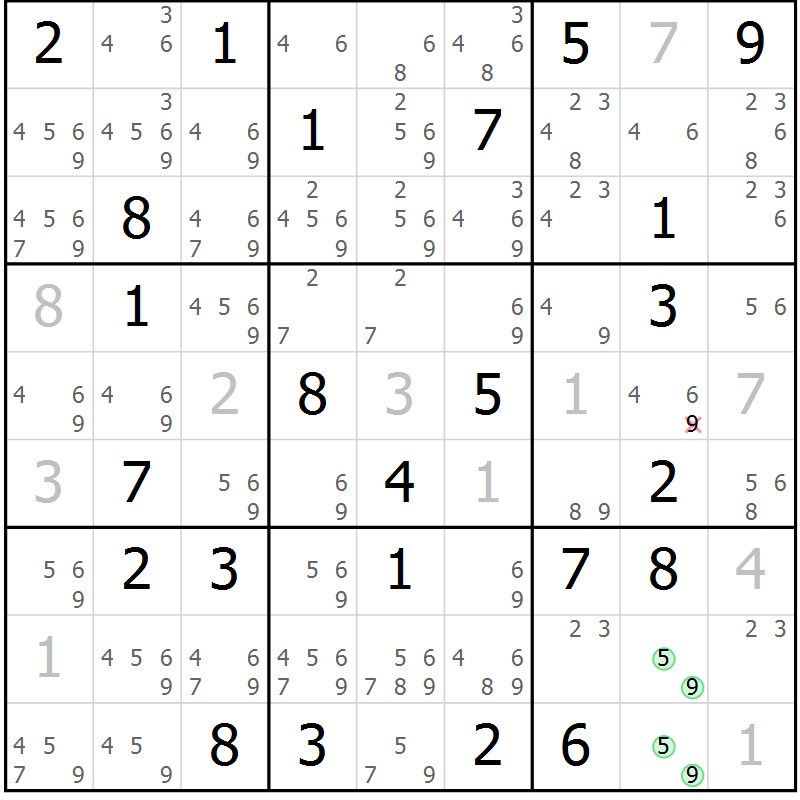 Position des candidats pour la solution de la Gr 60 page 63 du magazine de sudoku Virtuose n° 123
