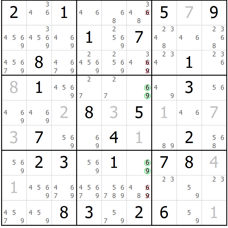 Position des candidats pour la solution de la Gr 60 page 63 du magazine de sudoku Virtuose n° 123