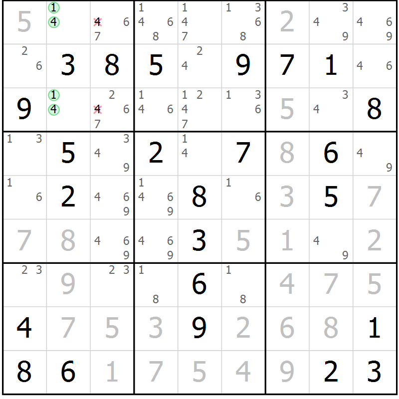 Position des candidats pour la solution de la Gr 61 page 64 du magazine de sudoku Virtuose n° 123