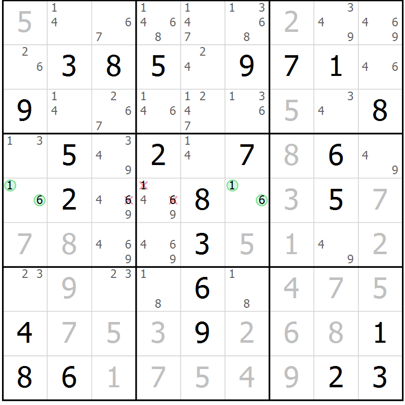 Position des candidats pour la solution de la Gr 61 page 64 du magazine de sudoku Virtuose n° 123