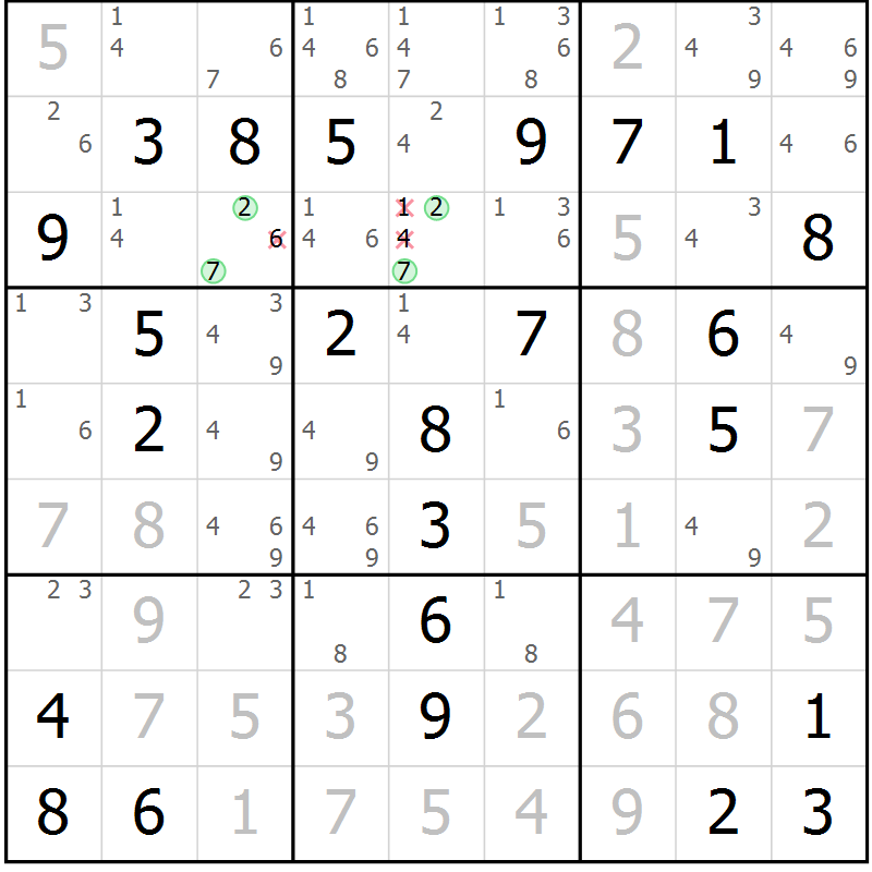 Position des candidats pour la solution de la Gr 61 page 64 du magazine de sudoku Virtuose n° 123