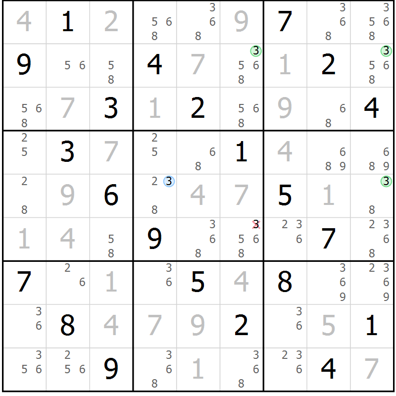 Position des candidats pour la solution de la Gr 62 page 65 du magazine de sudoku Virtuose n° 123
