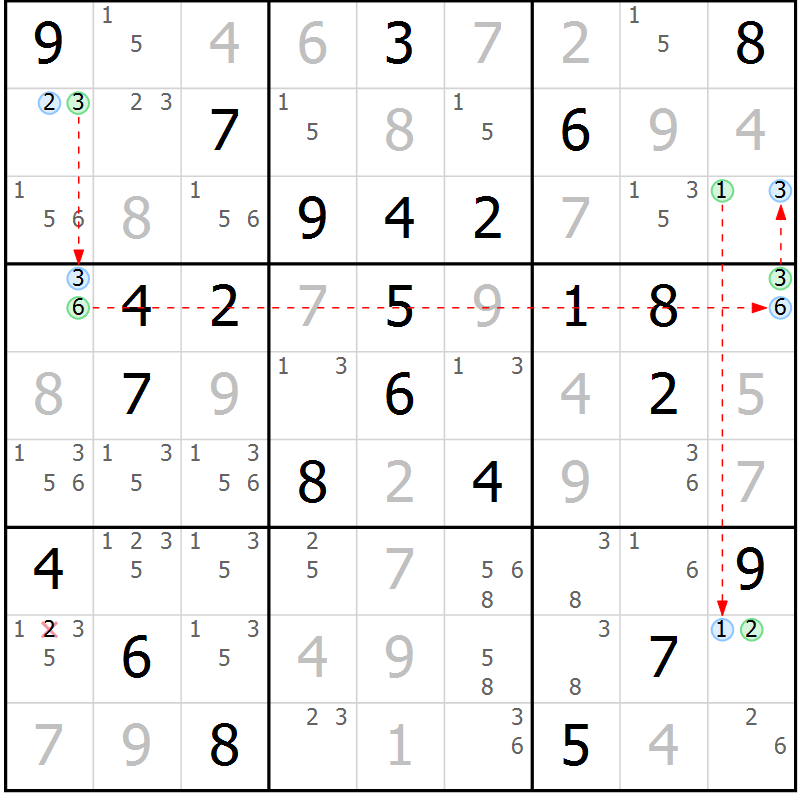 Position des candidats pour la solution de la Gr 63 page 66 du magazine de sudoku Virtuose n° 123