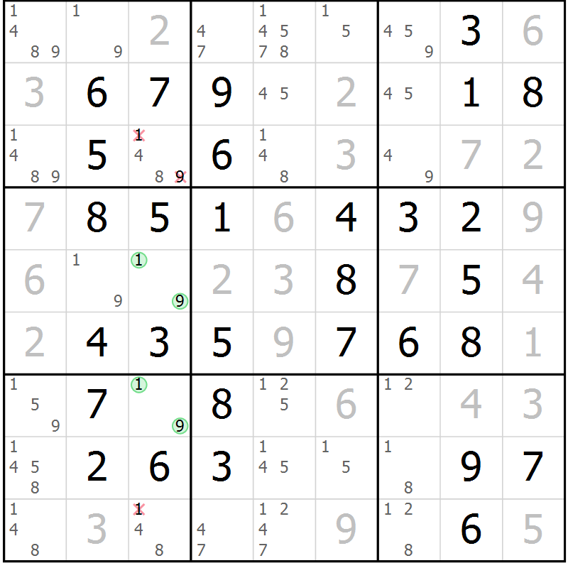 Position des candidats pour la solution de la Gr 65 page 68 du magazine de sudoku Virtuose n° 123