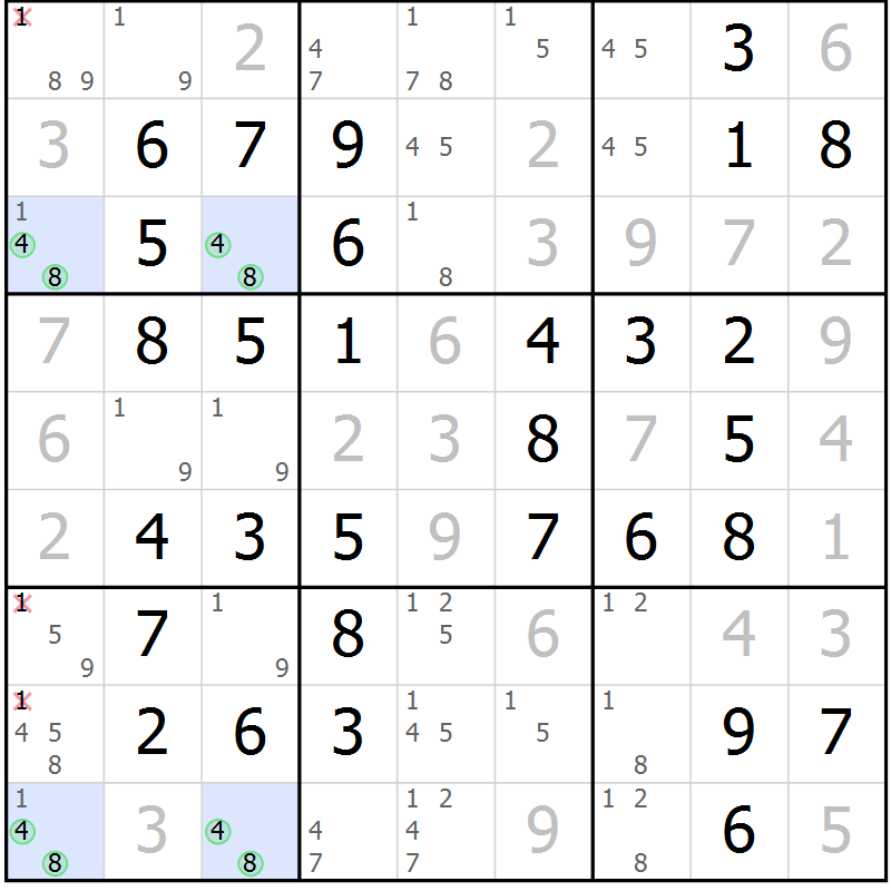 Position des candidats pour la solution de la Gr 65 page 68 du magazine de sudoku Virtuose n° 123