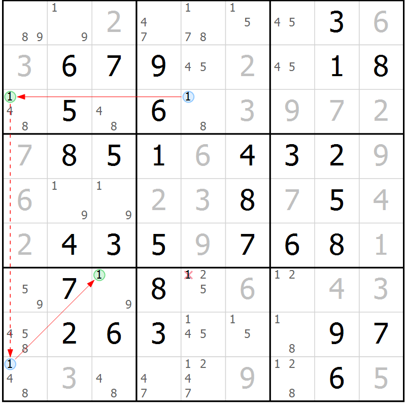 Position des candidats pour la solution de la Gr 65 page 68 du magazine de sudoku Virtuose n° 123