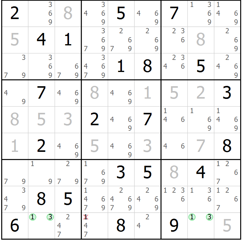 Position des candidats pour la solution de la Gr 7 page 10 du magazine de sudoku Virtuose n° 123