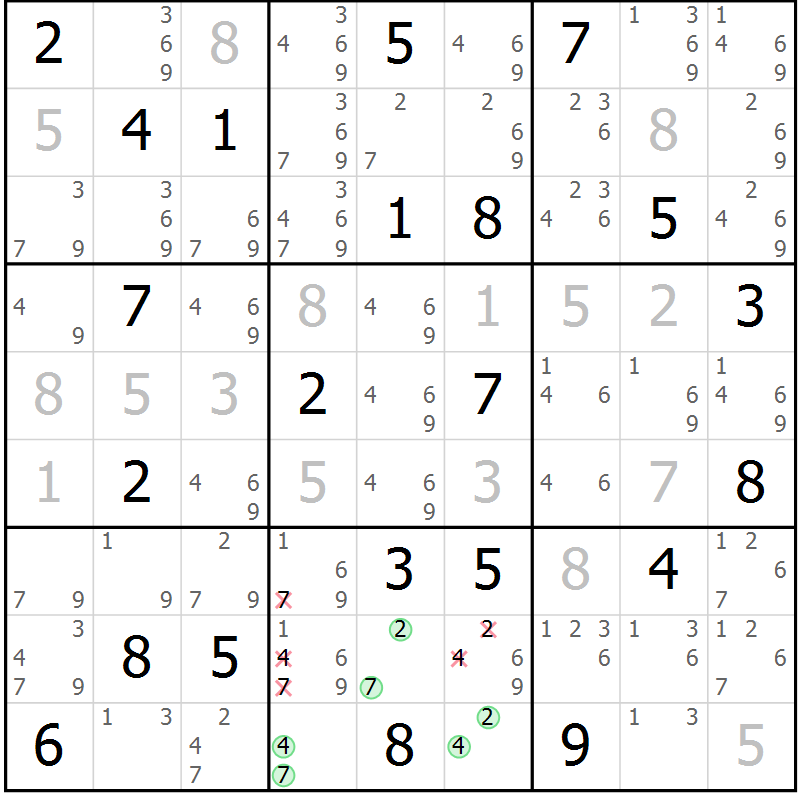 Position des candidats pour la solution de la Gr 7 page 10 du magazine de sudoku Virtuose n° 123