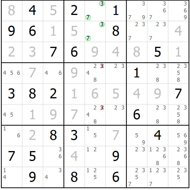 Position des candidats pour la solution de la Gr 71 page 74 du magazine de sudoku Virtuose n° 123
