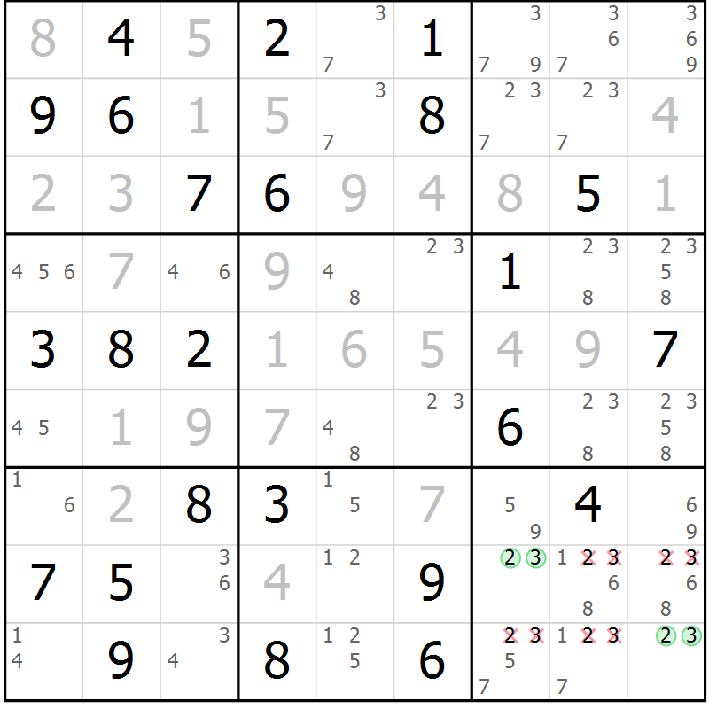Position des candidats pour la solution de la Gr 71 page 74 du magazine de sudoku Virtuose n° 123