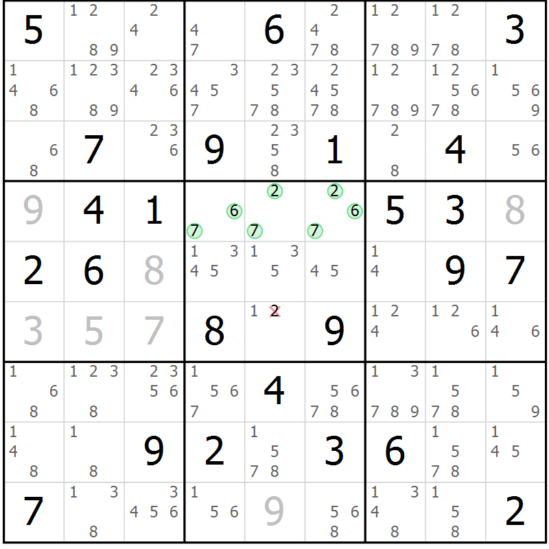Position des candidats pour la solution de la Gr 72 page 75 du magazine de sudoku Virtuose n° 123