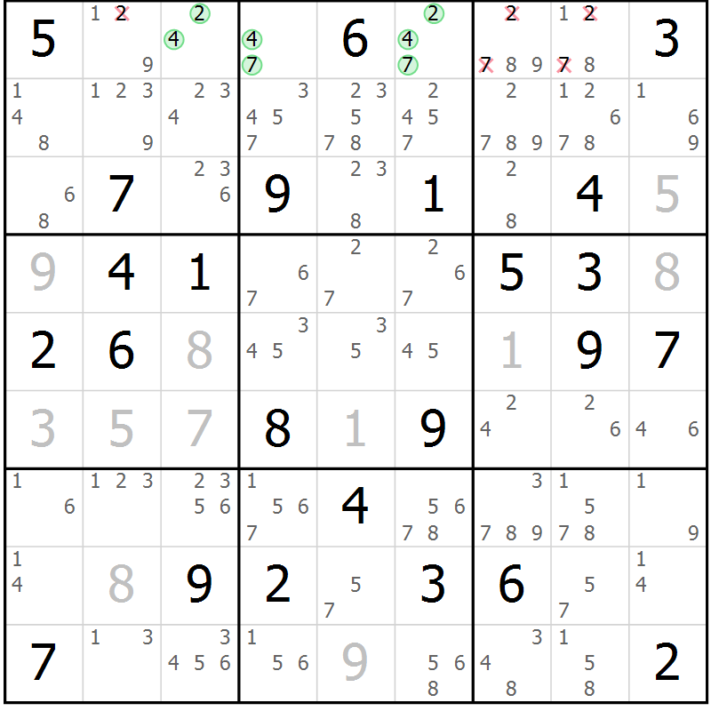 Position des candidats pour la solution de la Gr 72 page 75 du magazine de sudoku Virtuose n° 123