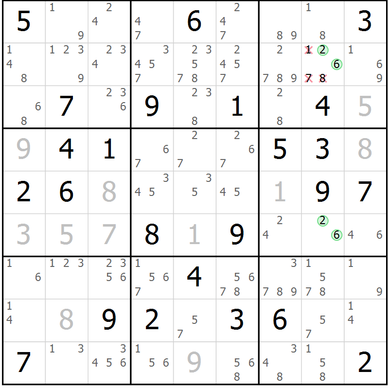 Position des candidats pour la solution de la Gr 72 page 75 du magazine de sudoku Virtuose n° 123