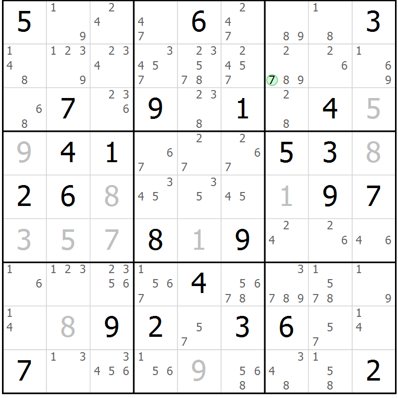 Position des candidats pour la solution de la Gr 72 page 75 du magazine de sudoku Virtuose n° 123