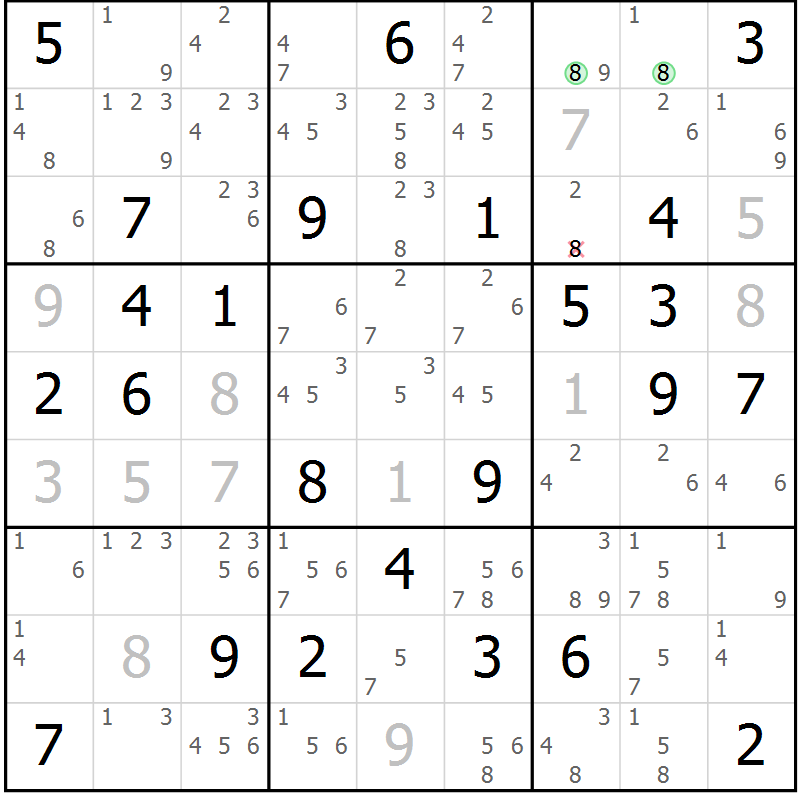 Position des candidats pour la solution de la Gr 72 page 75 du magazine de sudoku Virtuose n° 123