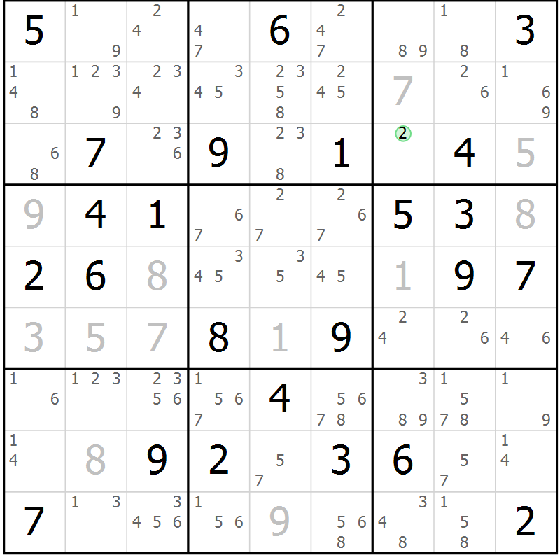 Position des candidats pour la solution de la Gr 72 page 75 du magazine de sudoku Virtuose n° 123