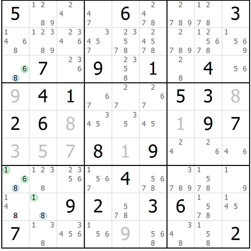 Position des candidats pour la solution de la Gr 72 page 75 du magazine de sudoku Virtuose n° 123