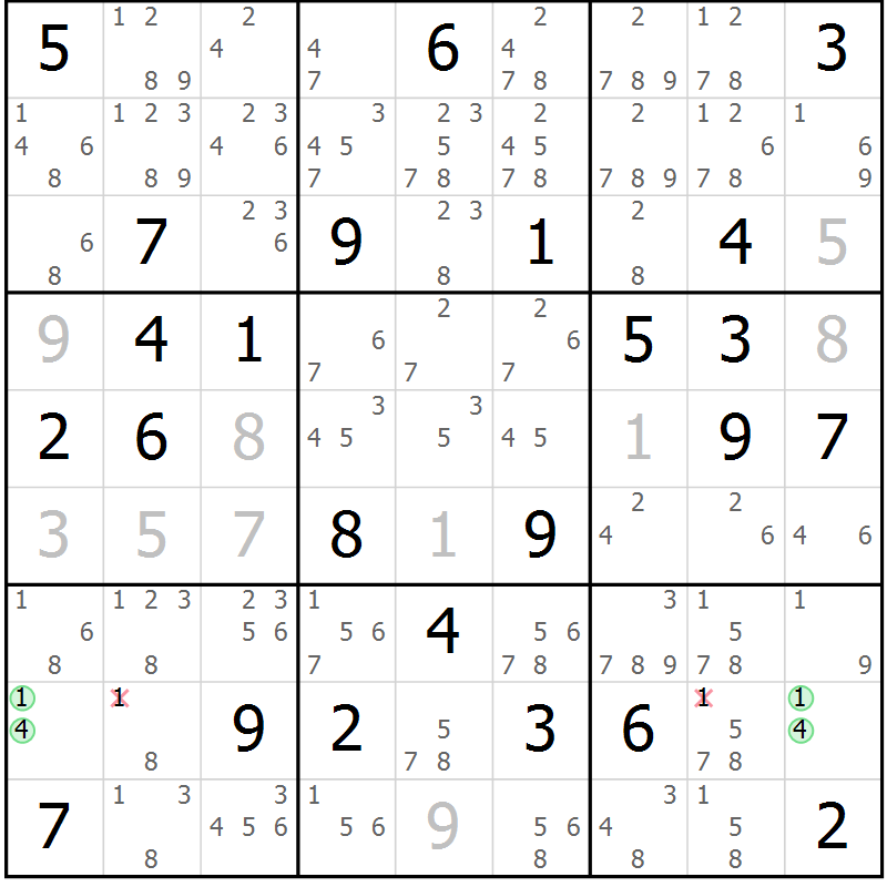 Position des candidats pour la solution de la Gr 72 page 75 du magazine de sudoku Virtuose n° 123