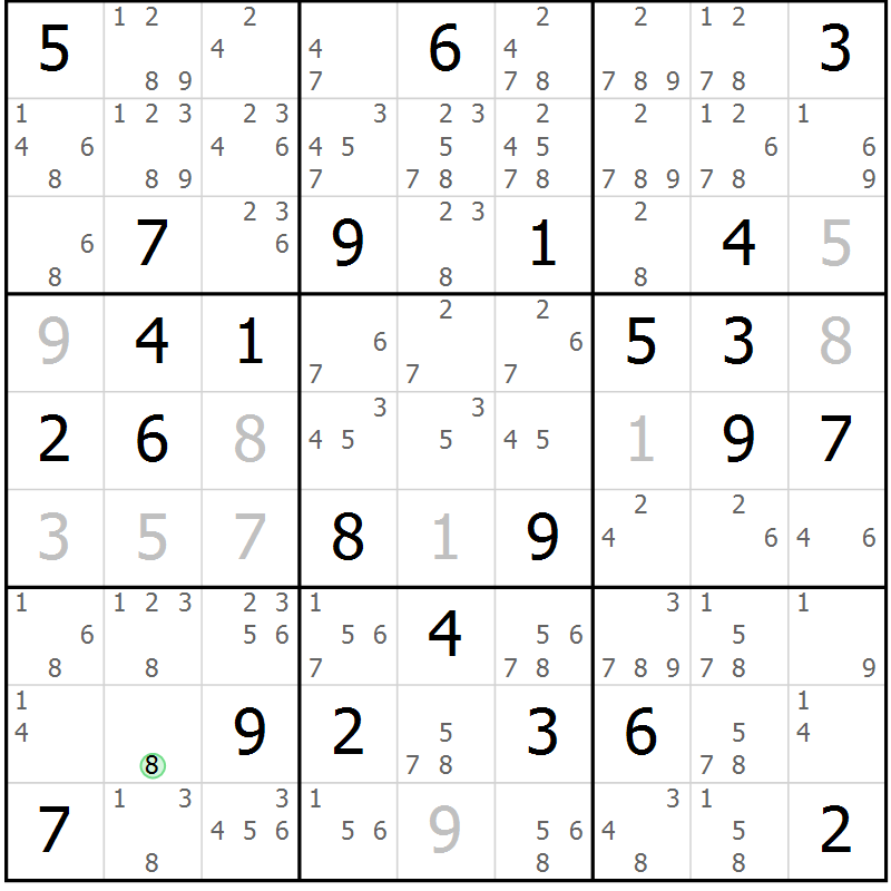 Position des candidats pour la solution de la Gr 72 page 75 du magazine de sudoku Virtuose n° 123