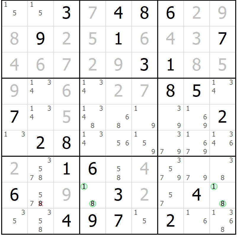 Position des candidats pour la solution de la Gr 74 page 77 du magazine de sudoku Virtuose n° 123
