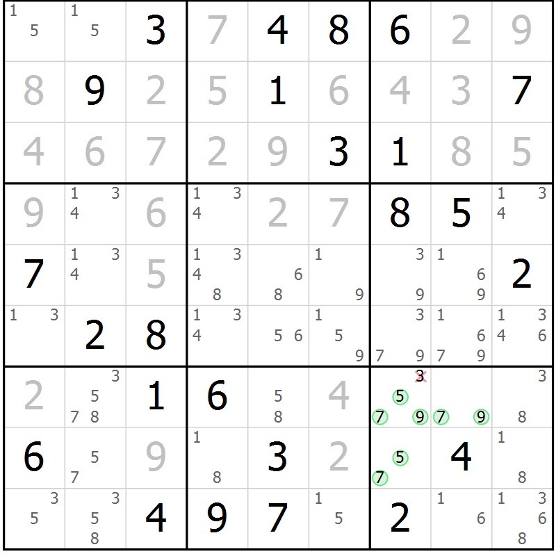 Position des candidats pour la solution de la Gr 74 page 77 du magazine de sudoku Virtuose n° 123