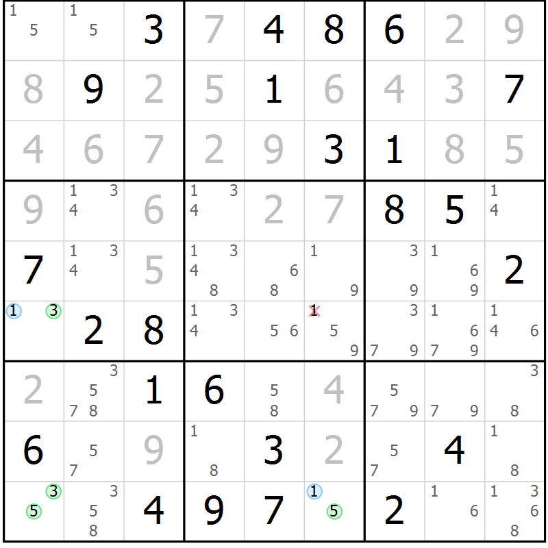 Position des candidats pour la solution de la Gr 74 page 77 du magazine de sudoku Virtuose n° 123