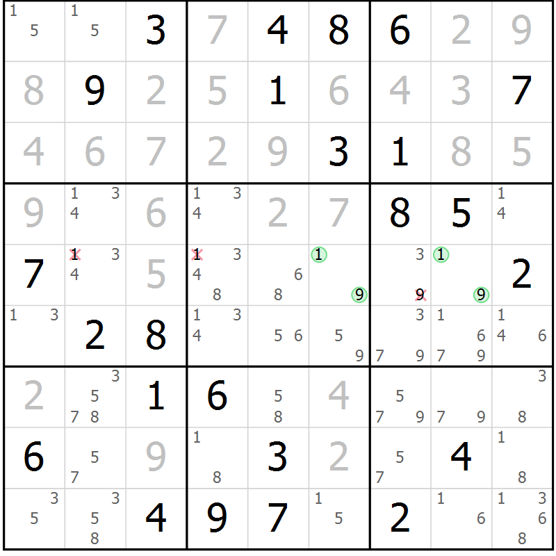 Position des candidats pour la solution de la Gr 74 page 77 du magazine de sudoku Virtuose n° 123