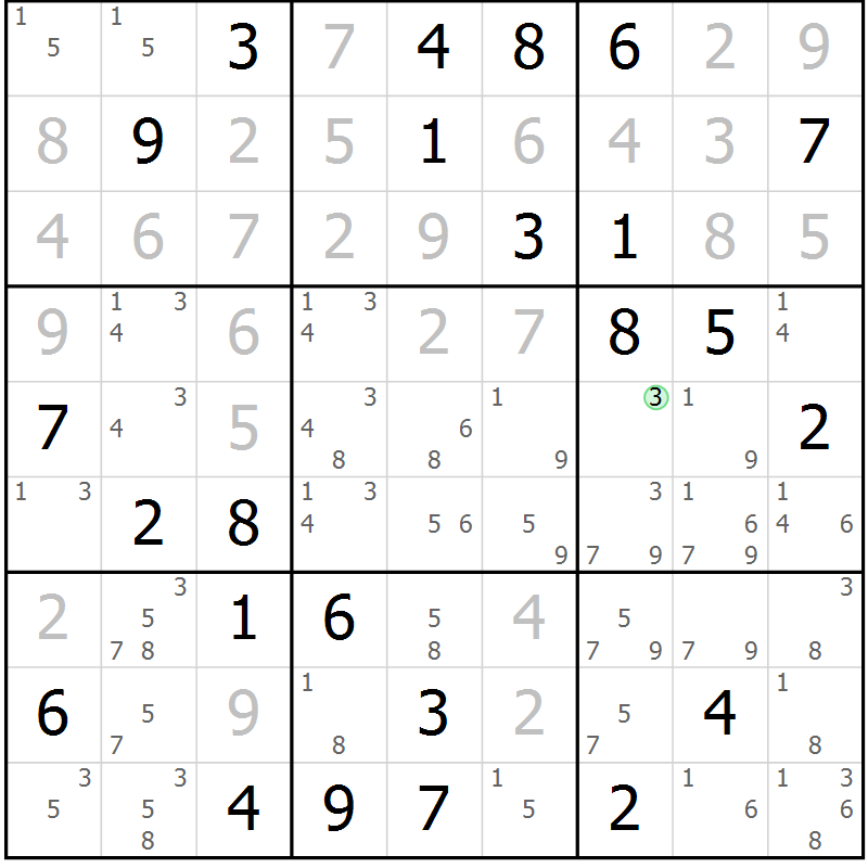 Position des candidats pour la solution de la Gr 74 page 77 du magazine de sudoku Virtuose n° 123