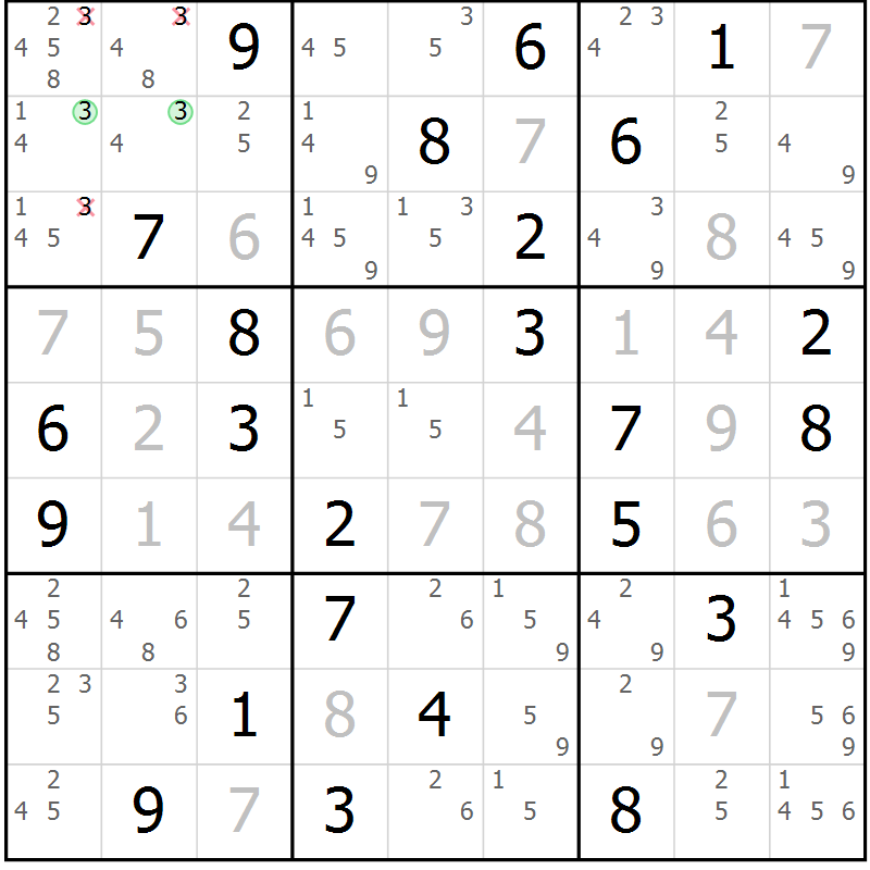 Position des candidats pour la solution de la Gr 75 page 78 du magazine de sudoku Virtuose n° 123