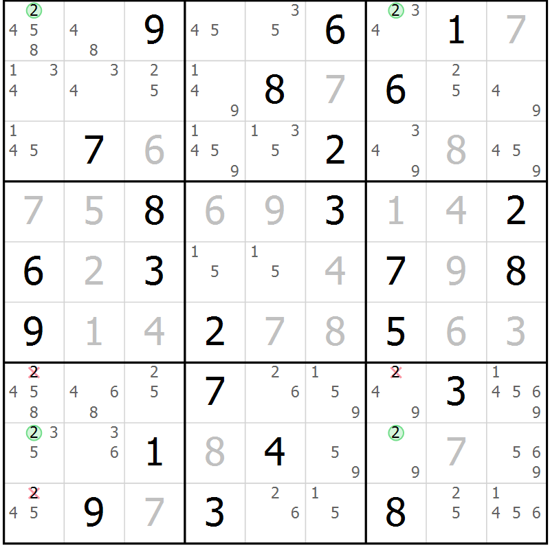Position des candidats pour la solution de la Gr 75 page 78 du magazine de sudoku Virtuose n° 123