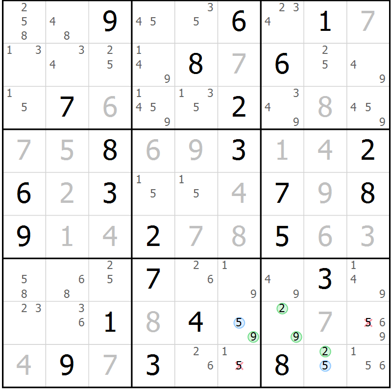 Position des candidats pour la solution de la Gr 75 page 78 du magazine de sudoku Virtuose n° 123