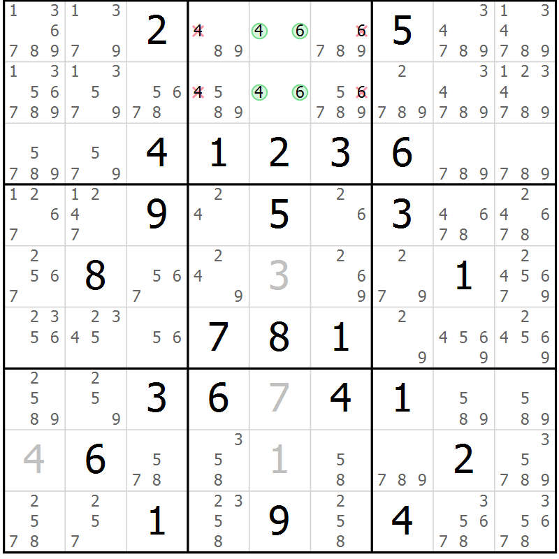 Position des candidats pour la solution de la Gr 76 page 79 du magazine de sudoku Virtuose n° 123
