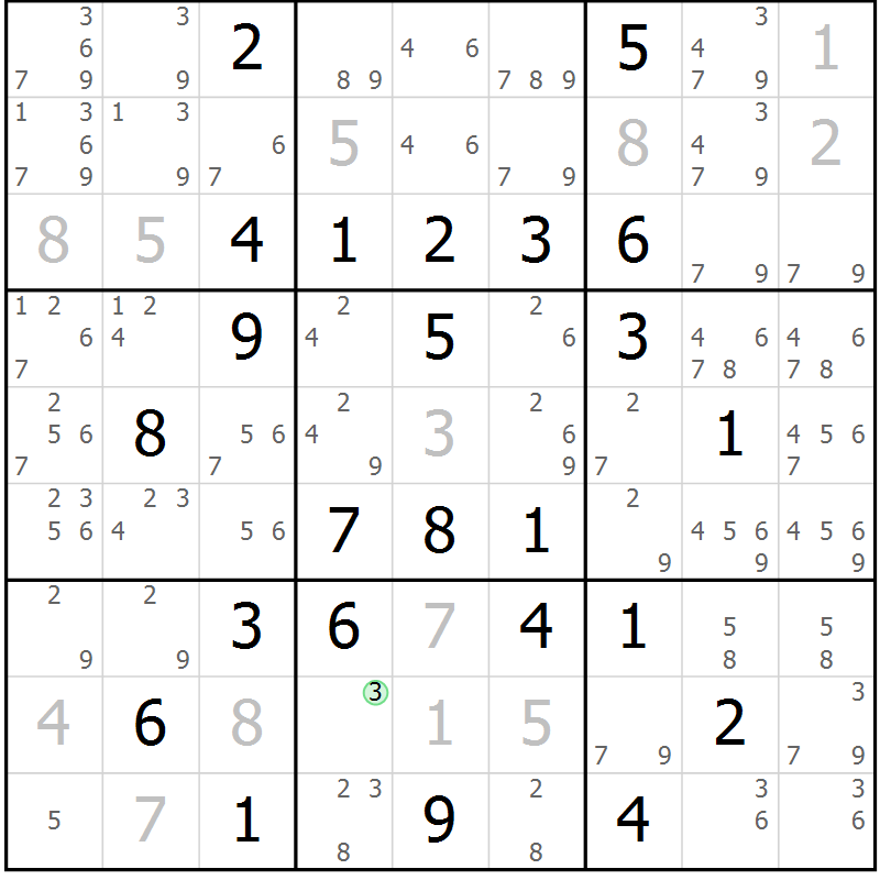 Position des candidats pour la solution de la Gr 76 page 79 du magazine de sudoku Virtuose n° 123