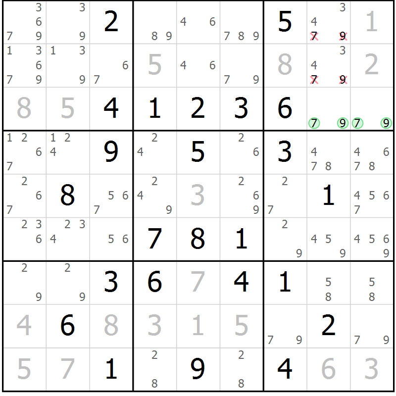 Position des candidats pour la solution de la Gr 76 page 79 du magazine de sudoku Virtuose n° 123