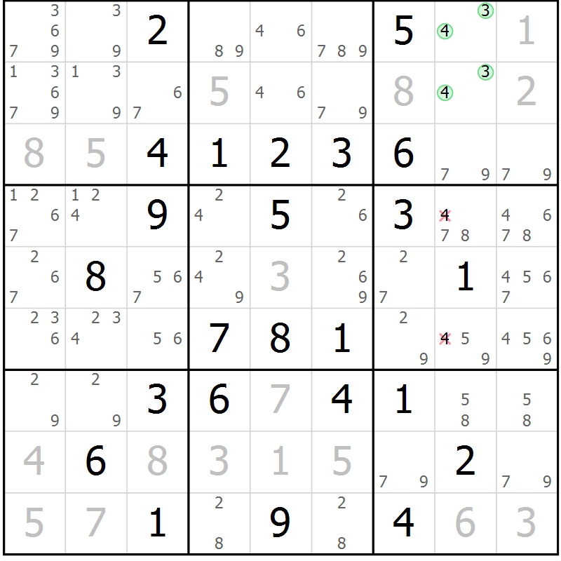 Position des candidats pour la solution de la Gr 76 page 79 du magazine de sudoku Virtuose n° 123
