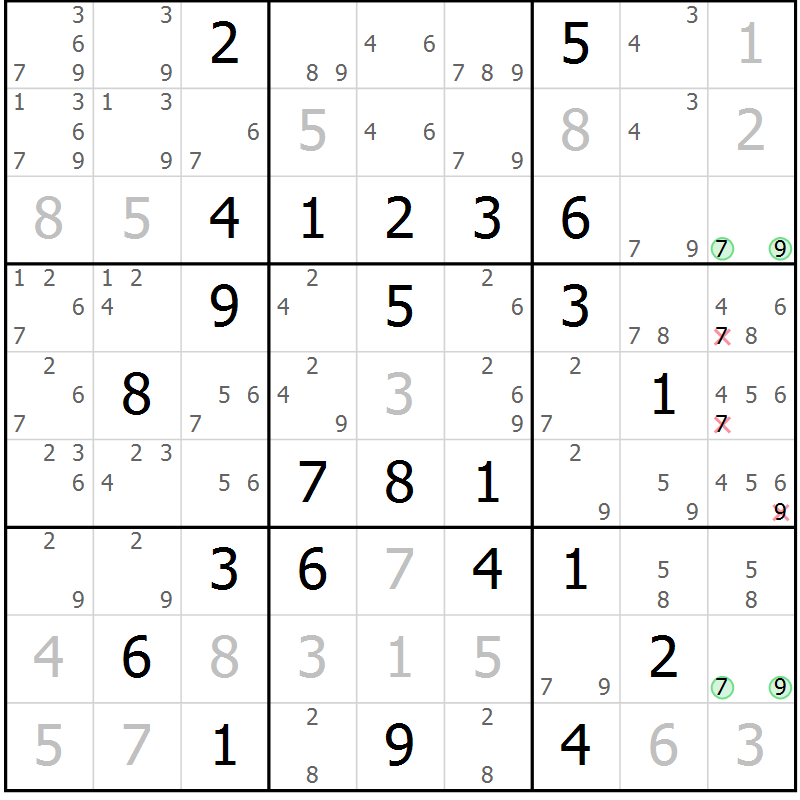 Position des candidats pour la solution de la Gr 76 page 79 du magazine de sudoku Virtuose n° 123
