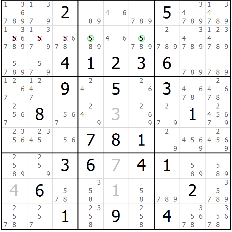 Position des candidats pour la solution de la Gr 76 page 79 du magazine de sudoku Virtuose n° 123