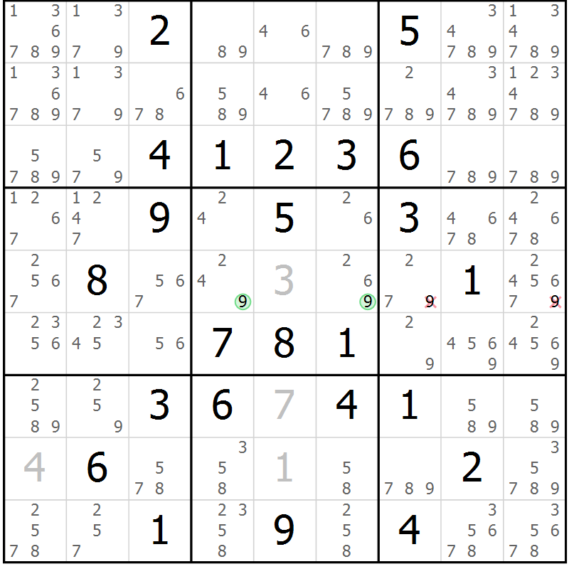 Position des candidats pour la solution de la Gr 76 page 79 du magazine de sudoku Virtuose n° 123