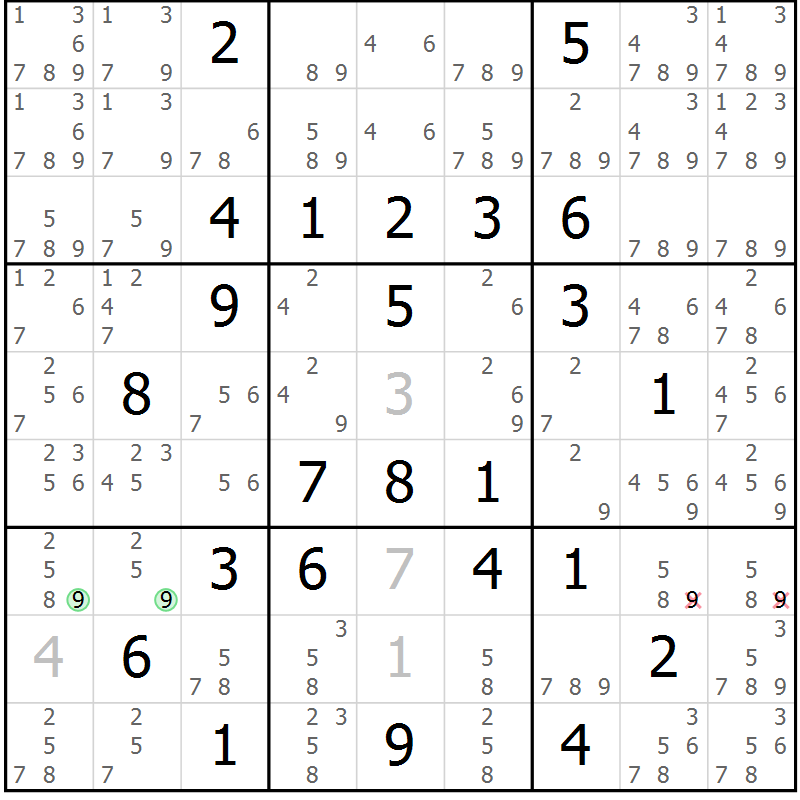 Position des candidats pour la solution de la Gr 76 page 79 du magazine de sudoku Virtuose n° 123