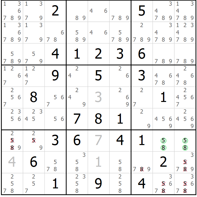 Position des candidats pour la solution de la Gr 76 page 79 du magazine de sudoku Virtuose n° 123