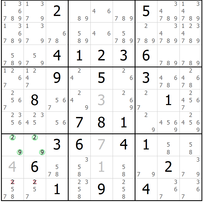 Position des candidats pour la solution de la Gr 76 page 79 du magazine de sudoku Virtuose n° 123