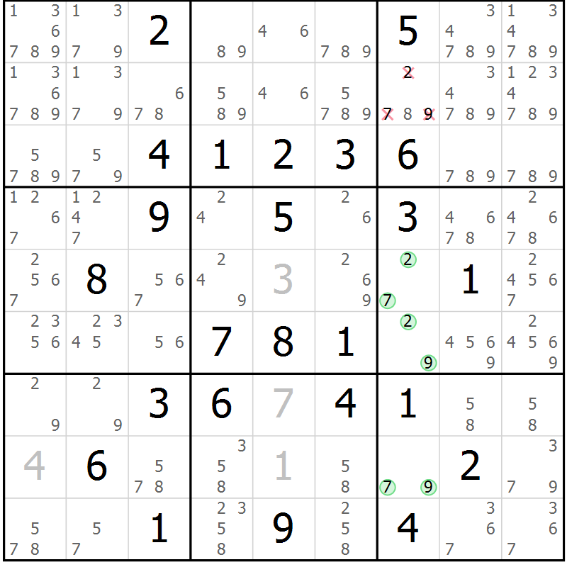 Position des candidats pour la solution de la Gr 76 page 79 du magazine de sudoku Virtuose n° 123