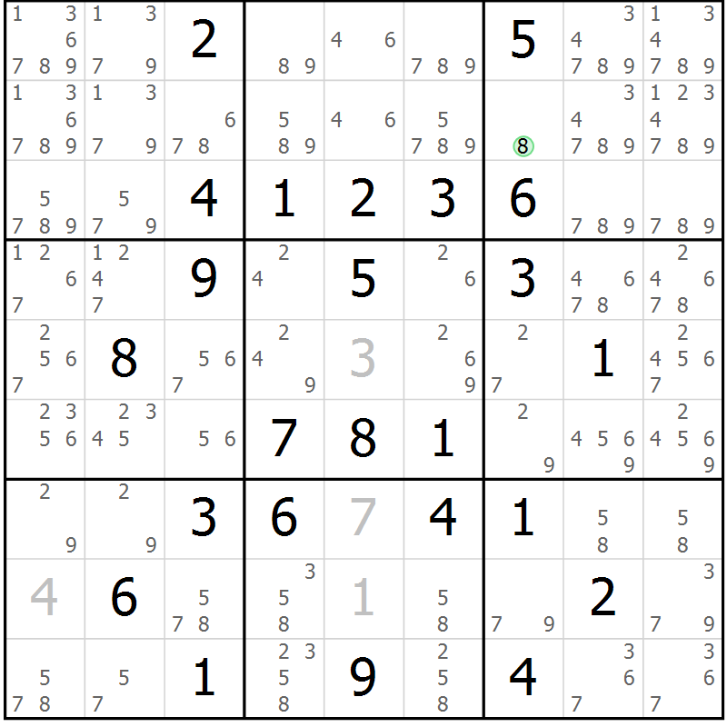 Position des candidats pour la solution de la Gr 76 page 79 du magazine de sudoku Virtuose n° 123